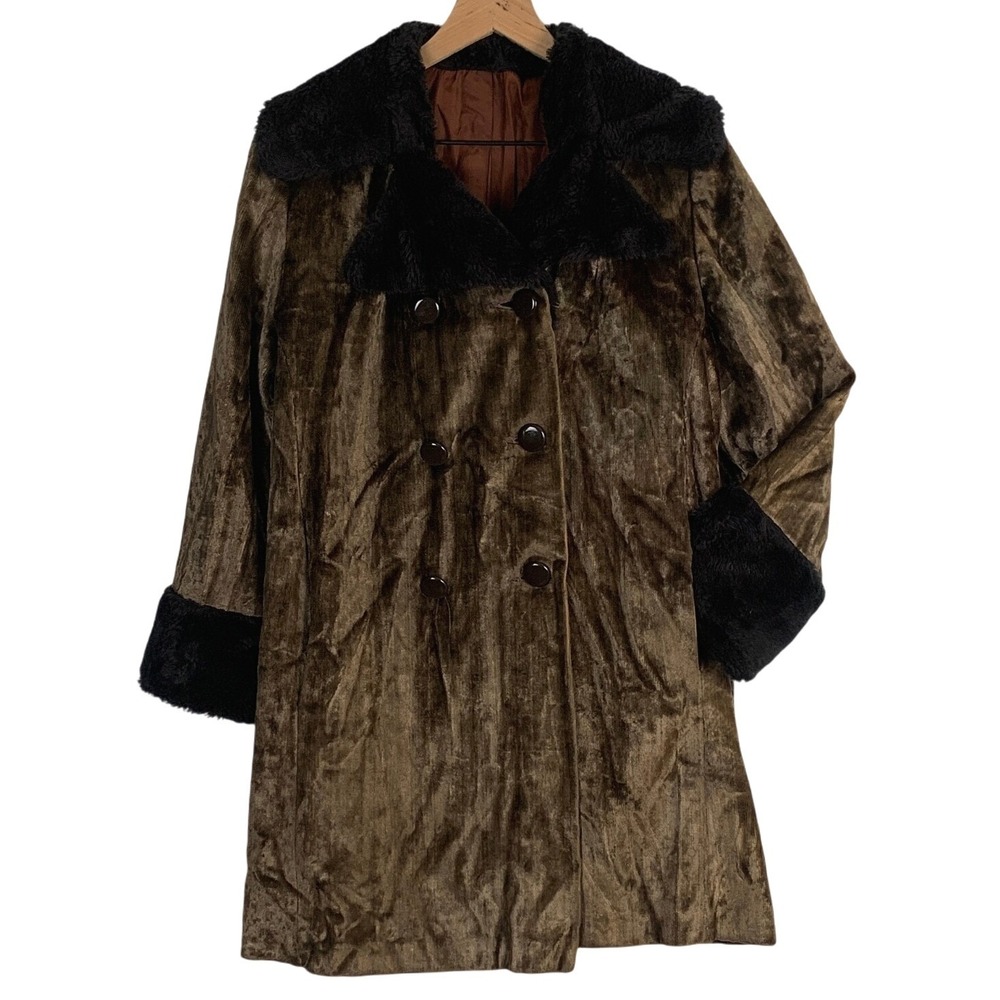 VTG Crushed Velvet Double Breasted Coat Faux Fur Collar Cuffs Sz M Brown Pockets